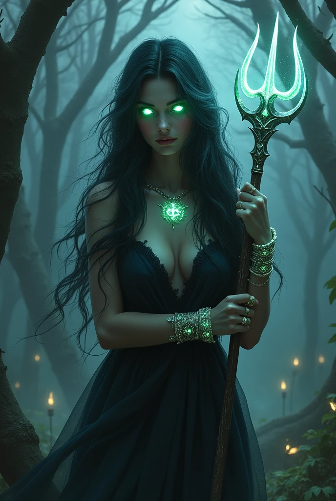 A hauntingly beautiful woman with long, flowing dark hair adorned with small, glowing gemstones is seen in a close-up amidst a dense, eerie fog in a mystical forest. Her eyes are the focal point, glowing with an intense, magical light that pierces through the surrounding mist. She wears a flowing, dark, and elegant dress, and her face is partially obscured by the fog, adding to her enigmatic aura. She holds a glowing trident, which emits a soft, radiant light, illuminating the fog around her. Her glowing jewelry, including a radiant pendant, luminous bracelets, and shimmering rings, further enhances the magical atmosphere. The forest background is filled with twisted trees and faintly glowing magical runes etched into their bark. Strange, luminescent plants and ethereal, glowing creatures can be seen faintly through the thick fog. The overall mood is mysterious and slightly ominous, with muted colors and soft, magical lighting enhancing the sense of fantasy, enigma, and intrigue