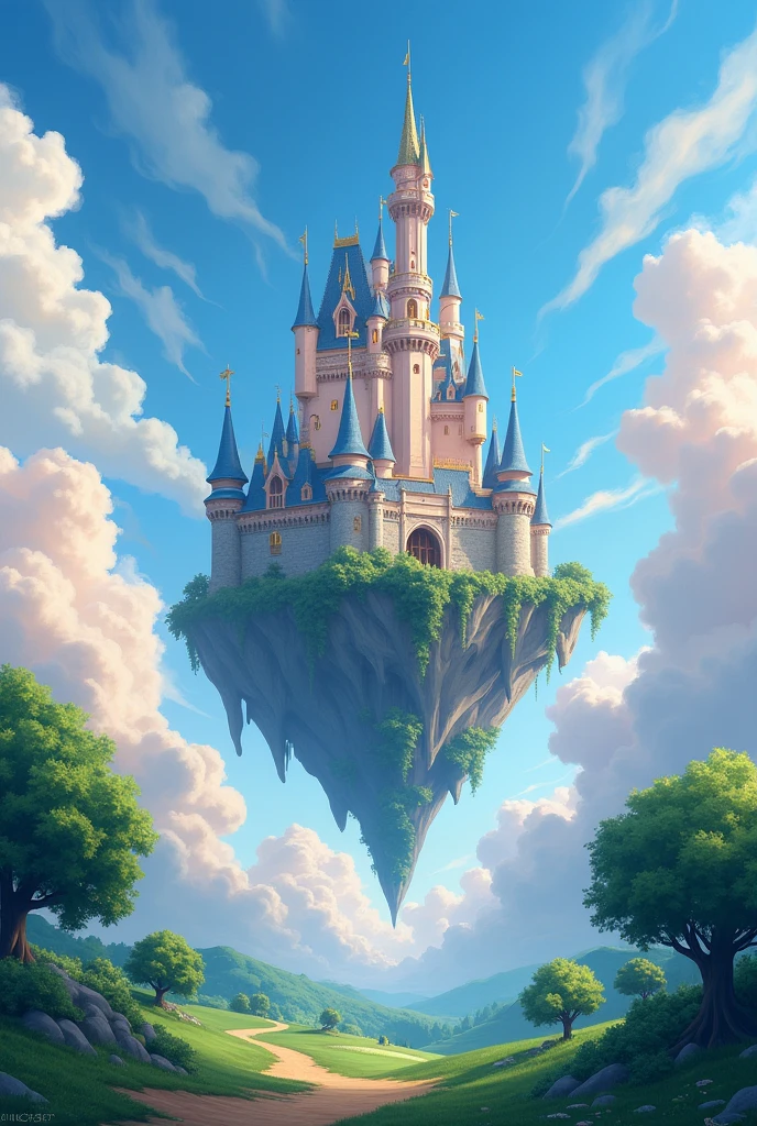 The feel of a comic,Disney vibes,There is a castle in the sky.,There are a lot of clouds around, Feiyun Castle, A huge floating castle, Dream Castle, high Dream Castle, Flying Castle, Magic Castle, Castle floating in the air, Sky Castle Style, An epic castle with towering spires,The castle has a romantic feel,There is grass outside the city gate,There are trees on the castle