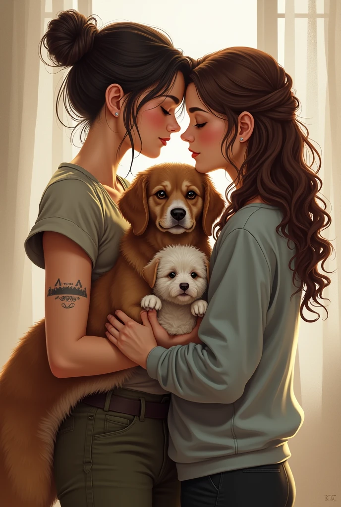 A lesbian warrior, in a romantic moment, she is brunette and has black hair tied up in a bun, along with a big brown dog that has a white stripe on its face. And your girlfriend, a princess in a sweatshirt and a tattoo on her arm, with long, curly hair, along with your small, white, and fluffy puppy 