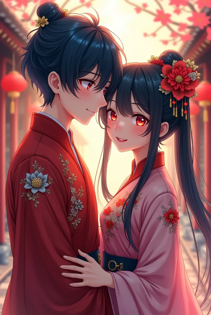 Anime boy and girl, black blue mixing hairs red eyes, cultural place in background, age 18, chinese cultural costume