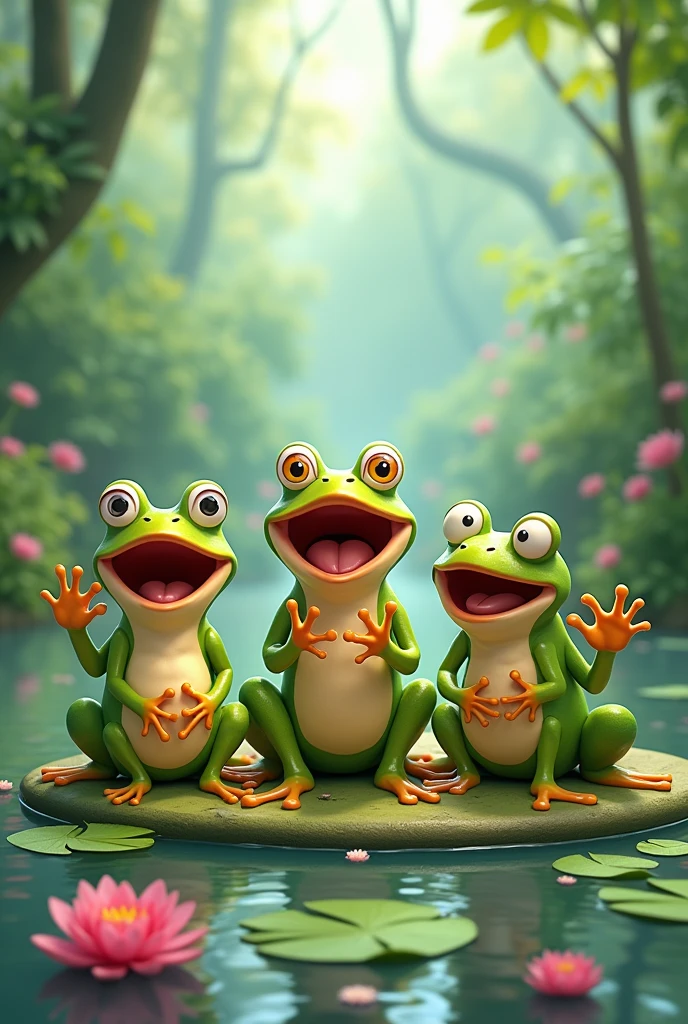 5 cartoon frogs cracking melodiously