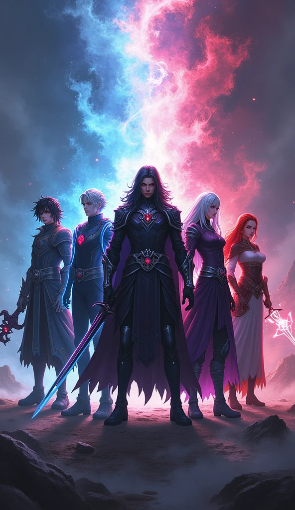 Five legendary warriors stand in a line, exuding power and determination. The scene is depicted in a realistic anime style, merging the harshness of the real world with vibrant fantasy energy.
Vortex stands in the center, his black hair flowing. He wears a white shirt under a black long coat, gripping a shadowy sword that emanates dark energy.
Mirage stands to his left, holding a mystical staff. His long silver hair glows faintly, and he is dressed in a flowing blue robe, channeling a cool blue magical aura.
Raven stands to the right of Vortex, with long silver hair and piercing eyes. He is dressed in purple leather armor, holding a bow ready for action, and his stance is alert and battle-ready.
Varis is next, with black hair and glowing red eyes, clad in black armor embedded with crimson gemstones. He holds a massive sword, his presence imposing and powerful.
Seraphina stands at the far right, her red hair flowing around her. She wears a robe with ancient symbols, her green eyes focused as she channels her summoning magic.
The background is a battlefield, swirling with the contrasting energies of light and darkness, enhancing the epic atmosphere of these five warriors standing together in unity.