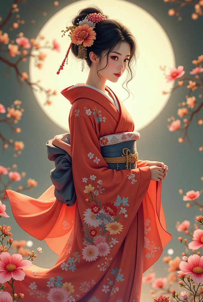 Draw a full body image of a woman wearing a kimono in an anime style.