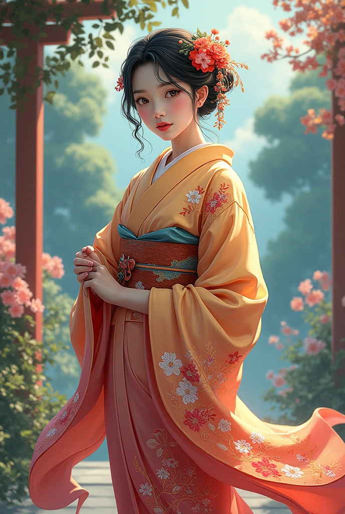 Draw a full body image of a woman wearing a kimono in an anime style.