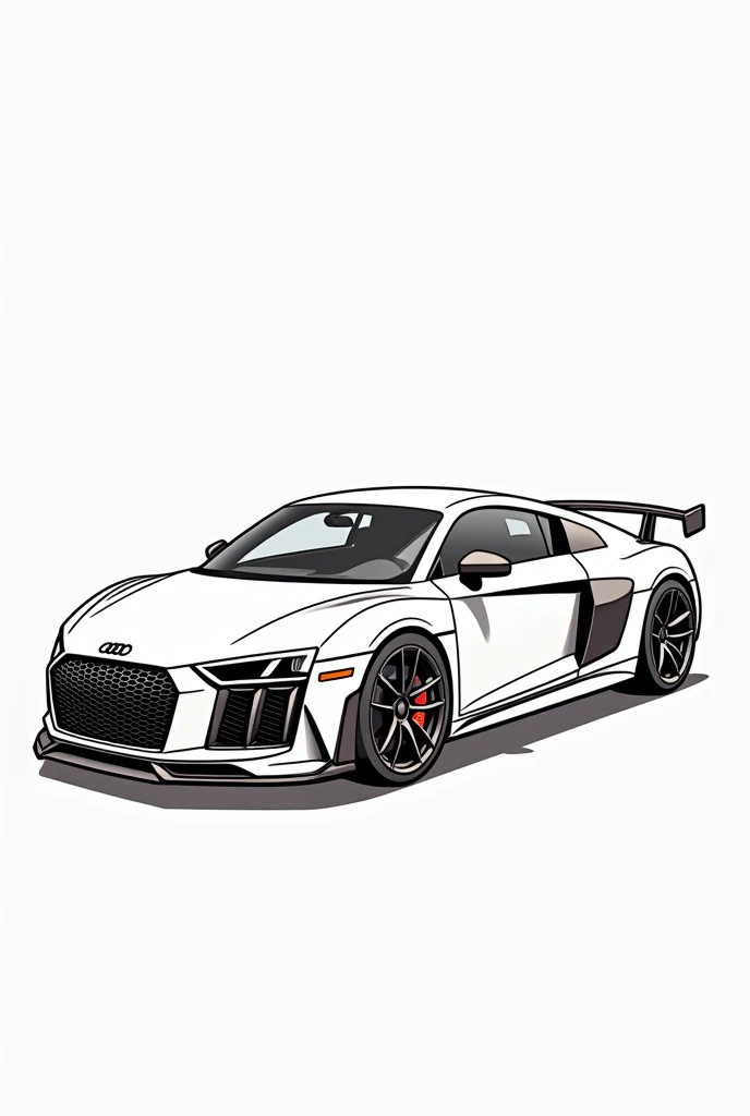 Give me a vector art coloring book photo of a Audi R8 car, no grayscale no color full details but the design is simple no darkened areas side view