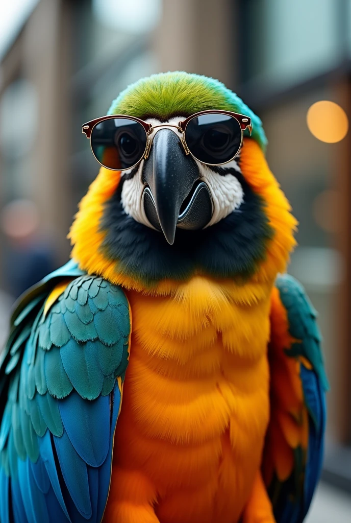 A parrot wearing sunglasses and wearing caot
