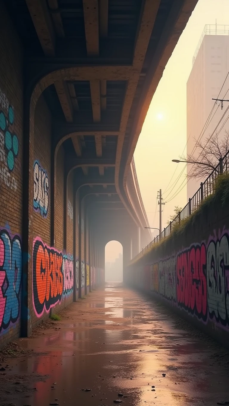Under Birmingham digbeth Railways Bridge, graffiti , haze, mist, diffusion light, bright golden hour, oil painting , Turner style
