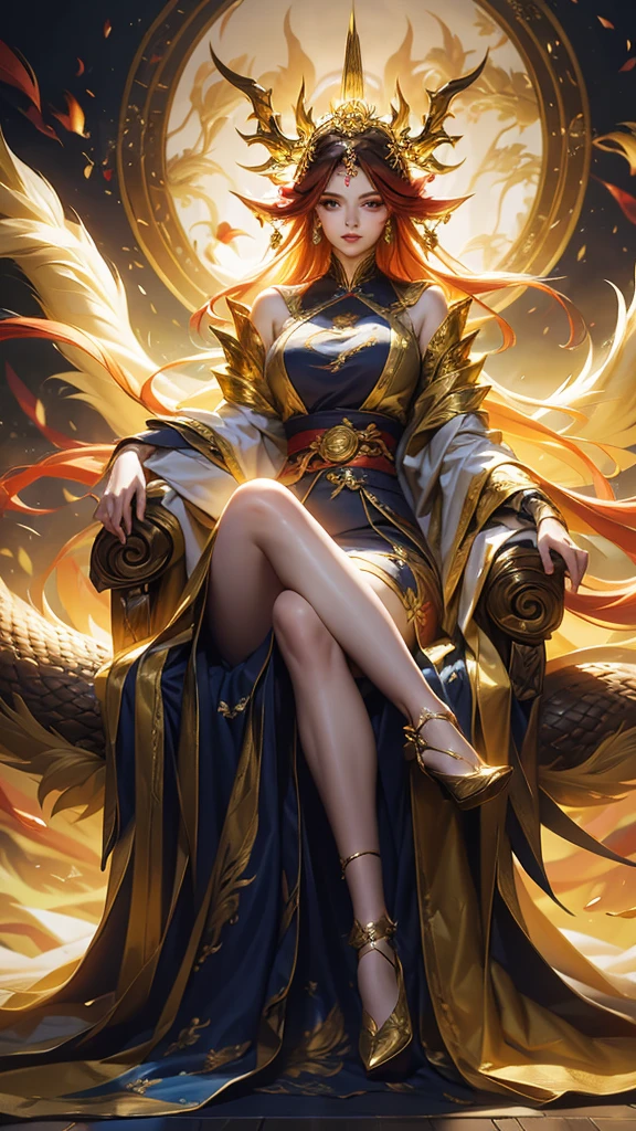best quality,masterpiece,Ultra-high resolution,(photoactual:4:0),The Golden Palace,A beautiful Eastern nine-tailed fox woman,long hair shawl,Big breasts,thin waist,Wearing a black dragon and phoenix robe,Sitting on the Dragon Throne