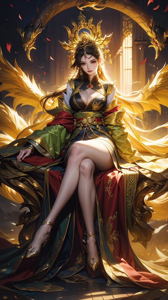 best quality,masterpiece,Ultra-high resolution,(photoactual:4:0),The Golden Palace,A beautiful Eastern nine-tailed fox woman,long hair shawl,Big breasts,thin waist,Wearing a black dragon and phoenix robe,Sitting on the Dragon Throne