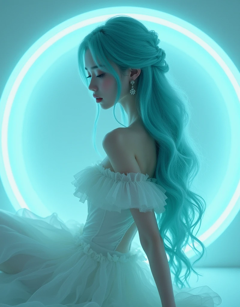 objective, kawaii girl,a pale white skin lips beauty with buttocks with the worlds 集中, Ultra-high resolution, Very long turquoise waves:2, Woman Core, Dimly lit white room and neon blue ring, Digital SLR, Vaporwave, Ultra-high resolutionスキン, Wearing a long, fluffy white gown, Zero West:2, No nudity