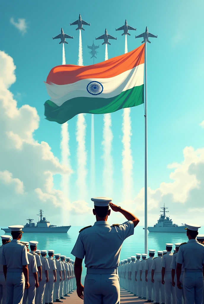 Visakhapatnam sea with Indian Navy ships with Navy soldiers on the ship and military soldiers on land saluting to the Indian Flag hoisted by fighter planes flying past sparying indian flag tri colour