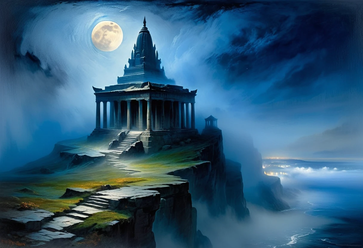 An old pagan temple on a cliff
shrouded in a mysterious blue fog on a full moon (inspired by William Turner)(masterpiece, top quality, best quality, official art,
beautiful and aesthetic:1.2) very dark colorful, ((oil painting palette)) extreme detail, perspective, 8k