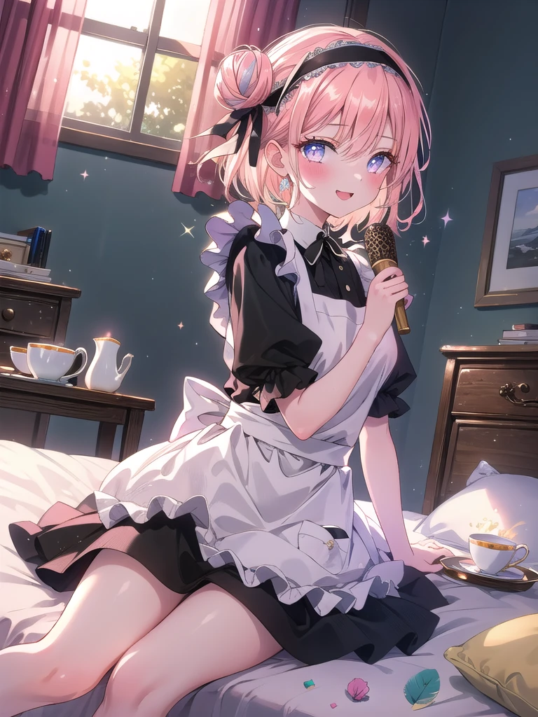 ((8k, Highest quality, masterpiece: 1.3)),Ultra-high resolution,(1 girl, alone), (Color changing eyes, Ultra-detailed, Expressive brilliance, Glitter, Glowing Eyes), Highly detailed eyes, Highly detailed face, Random Hair, ((pastel colour)),A cheerful young woman with pastel peach-colored hair styled into a simple bun, sitting cross-legged on her bed in her brightly lit bedroom during a sunny morning. She is dressed in a cute yet subtly sexy maid cosplay, wearing a short black dress with a white apron and a matching headband. The camera captures her from a slightly low angle as she smiles brightly while holding a feather duster, her expression full of playfulness and charm. The room is bathed in natural sunlight, with a few neatly arranged pillows on the bed, a small tea set on a tray, and a tidy, welcoming atmosphere, (nsfw:1.3)




