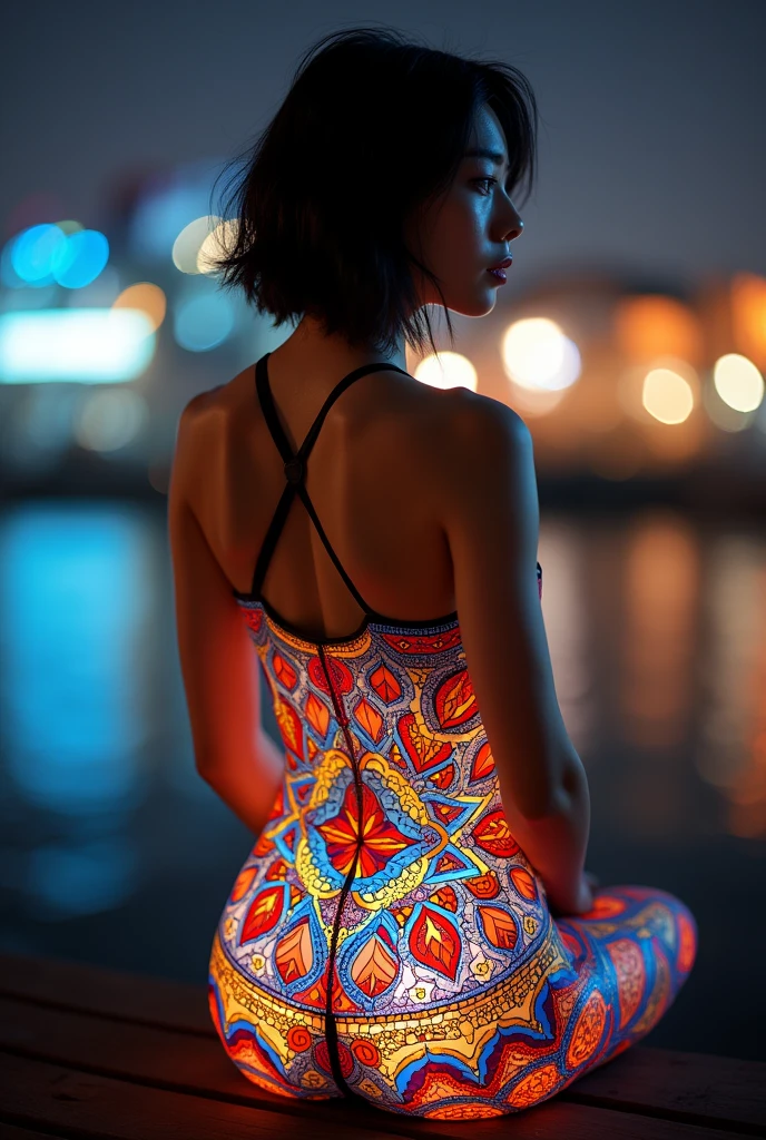 (masterpiece, Highest quality), 8k,(((Very detailed))), Race:1.8, Super intricate Race pattern, colorful Race pattern, Colorful stained glass transparent body, Mandala,light up, 1 female, Open Back, 18 years old、Photo of Lee Jae, tumbler, sultry body with セクシー belly, Sexy girl, Young sensual elegance, Sexy body, Sexy look, Very Short Hair、Shooting at a port with a beautiful night view、 Intelligent face、Narrow waist、Large Breasts、drool coming out of the mouth、Smile a little、EOS 50mm F2, Blur the background、Shooting from behind、Lighting the face、Butt、whole body、camisole、Sitting with legs apart、Looking into the distance、