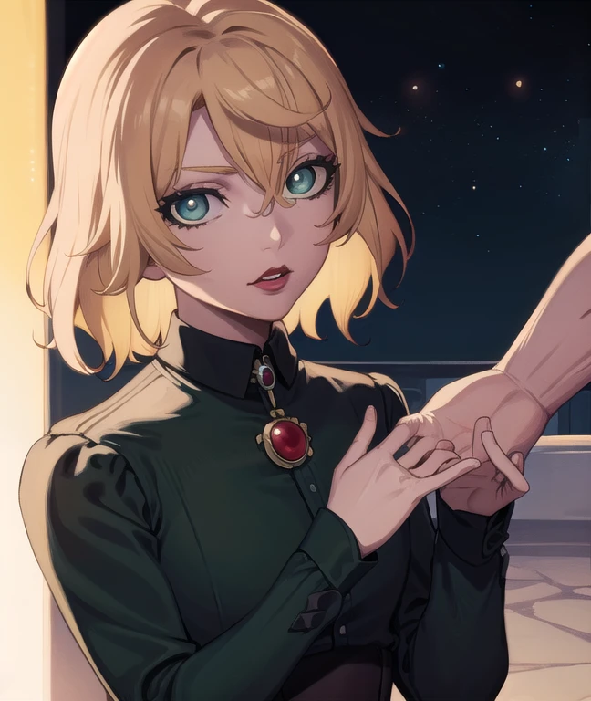 castlevaniatera, castlevaniatera, (green eyes:1.5), blonde hair, short hair, parted bangs, lipstick, red lipstick,
BREAK shirt, long sleeves, brooch, clothes around waist, black shirt, collar, corset,
BREAK looking at viewer, upper body, full body,
BREAK outdoors, night, sky,
BREAK (masterpiece:1.2), best quality, high resolution, unity 8k wallpaper, (illustration:0.8), (beautiful detailed eyes:1.6), extremely detailed face, perfect lighting, extremely detailed CG, (perfect hands, perfect anatomy),