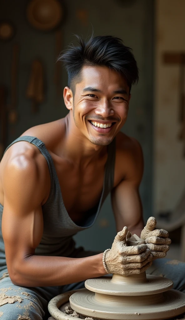 photorealistic, best quality, masterpiece, extremely detailed, side view, extremely handsome, 25 year old bruneian malay man, no facial hair, athletic build, laughing, looking directly at camera, messy clay on hands and face, ruined clay on pottery wheel, in personal art studio, extremely romantic atmosphere, perfect face, perfect fingers, perfect hands, perfection