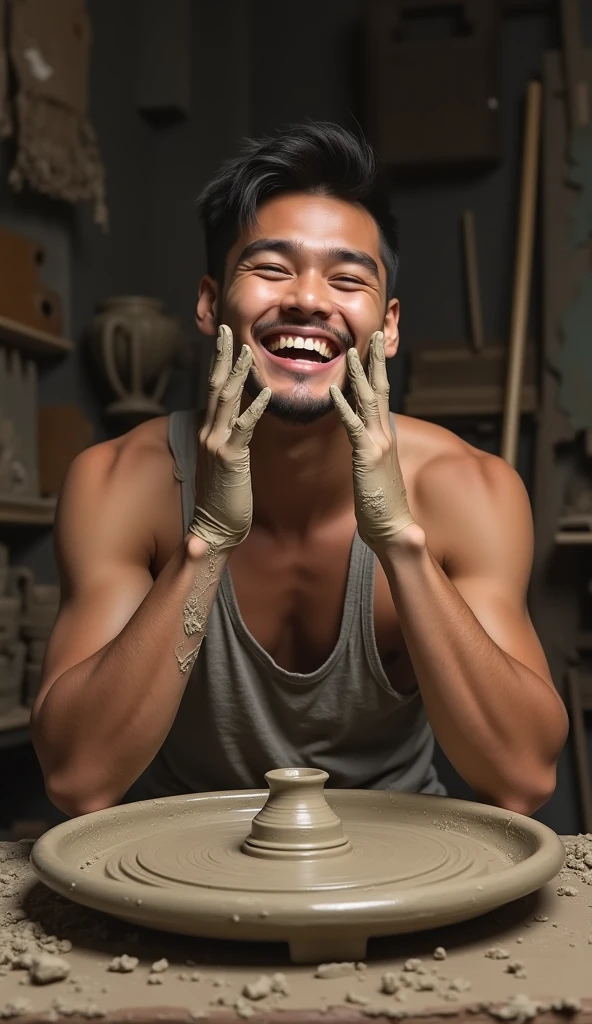 photorealistic, best quality, masterpiece, extremely detailed, side view, extremely handsome, 25 year old bruneian malay man, no facial hair, athletic build, laughing, looking directly at camera, messy clay on hands and face, ruined clay on pottery wheel, in personal art studio, extremely romantic atmosphere, perfect face, perfect fingers, perfect hands, perfection