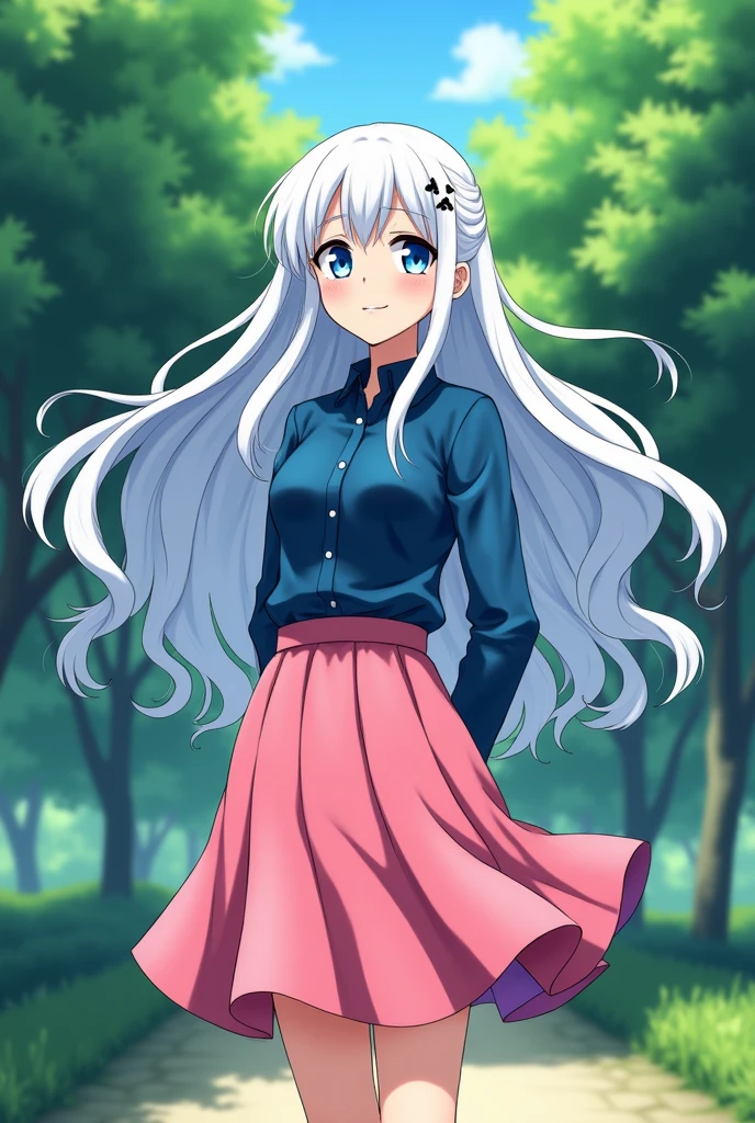 Make me an image of an oc from My hero Academia: Gender: Woman age: 21 Skin: white Hair: straight, long, white with black spots eyes: blue Clothing: Blue shirt and pink skirt expression: happy Background: a park Pose: standing
