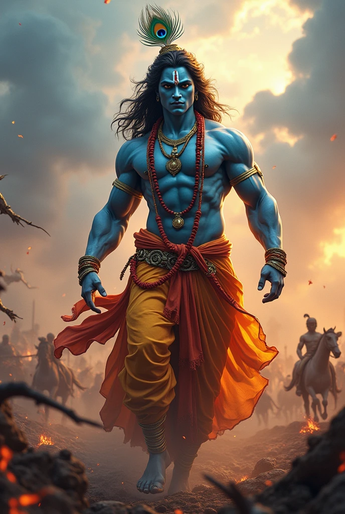 3D color image of a lord Shree Krishna in battle ground. Lord shree krishna has a powerfull body. Add a peacock feather. image should be in ultra HD.