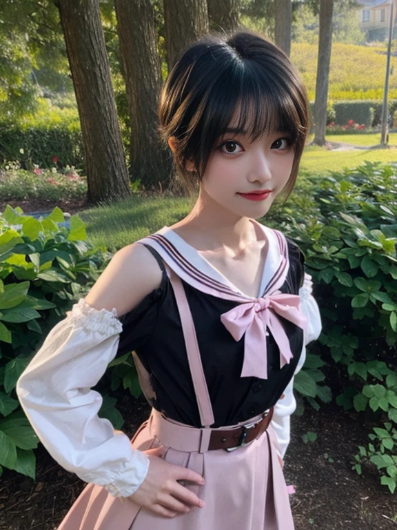 (8k、RAW Photos、of the highest quality、masterpiece:1.2)、(realist、realist)、1 girl、((mini skirt、black and pink、thin legs、whole body、Boots、Clothing with ribbons、Anime costumes、Ribbon on the chest、off the shoulder、transparent、steering wheels、garden、smile、View from the front、Ribbon on the chest、looking to the camera、belt、stand with hands on hips))、