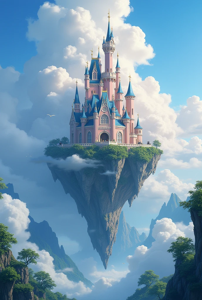 The feel of a comic，Disney vibes，There is a castle in the sky.，There are a lot of clouds around, Feiyun Castle, A huge floating castle, Dream Castle, high Dream Castle, Flying Castle, Magic Castle, Castle floating in the air, Sky Castle Style, An epic castle with towering spires，The castle has a romantic feel，There are beautiful rivers on land.，There are trees on the castle