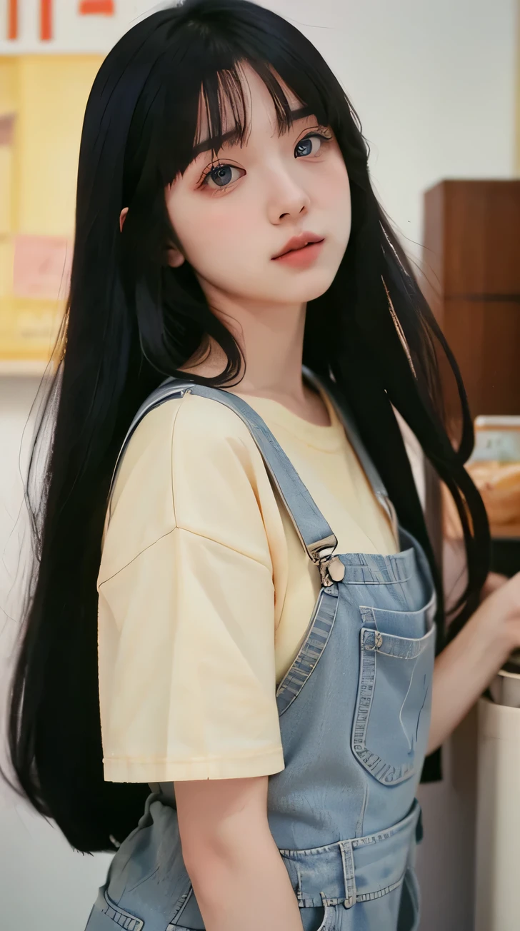 Portrait MagMix Girl look at camera, long hair, Overalls, Retro ice cream parlor with pastel-colored walls, a classic soda fountain counter, and vintage ice cream posters, bathed in bright sunlight, analog film photo, Kodachrome, pale skin, Korean girl