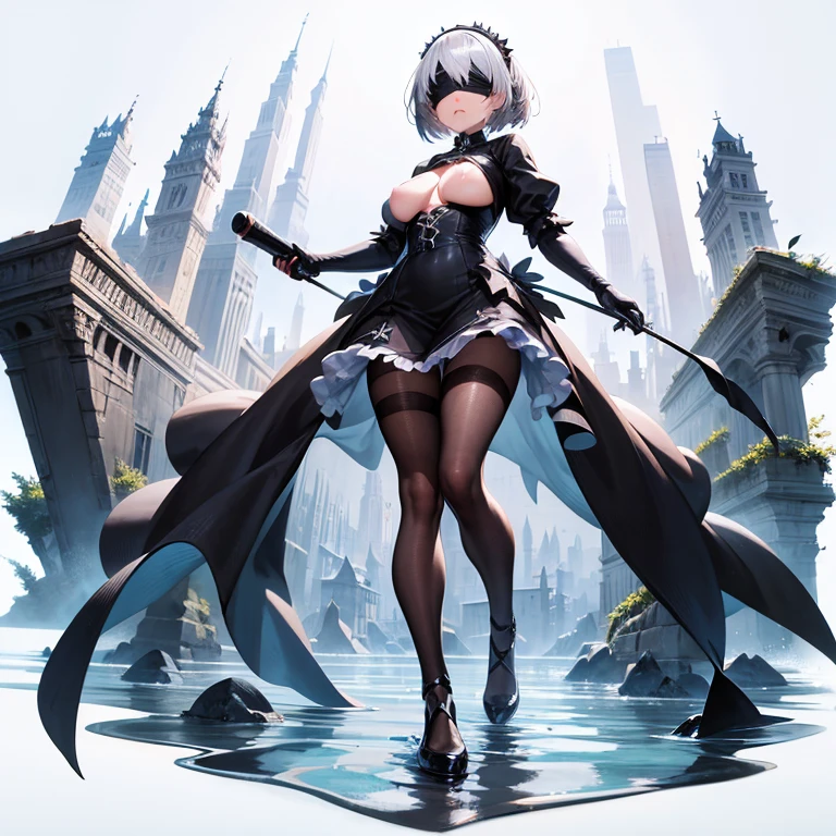 [(white background:1.5)::5], ((((bottle bottom:1.2)))), Nier Automata character 2B, mid shot, full body,((blindfold, black blindfold:1.1)),silver short hair,(black split dress),Black knee-length pantyhose,Black shoes,long legs,posing like a model, dreamy and fantastical atmosphere, sea waves, water splashes, sky, light particles, butterflies, night, 1girl, 