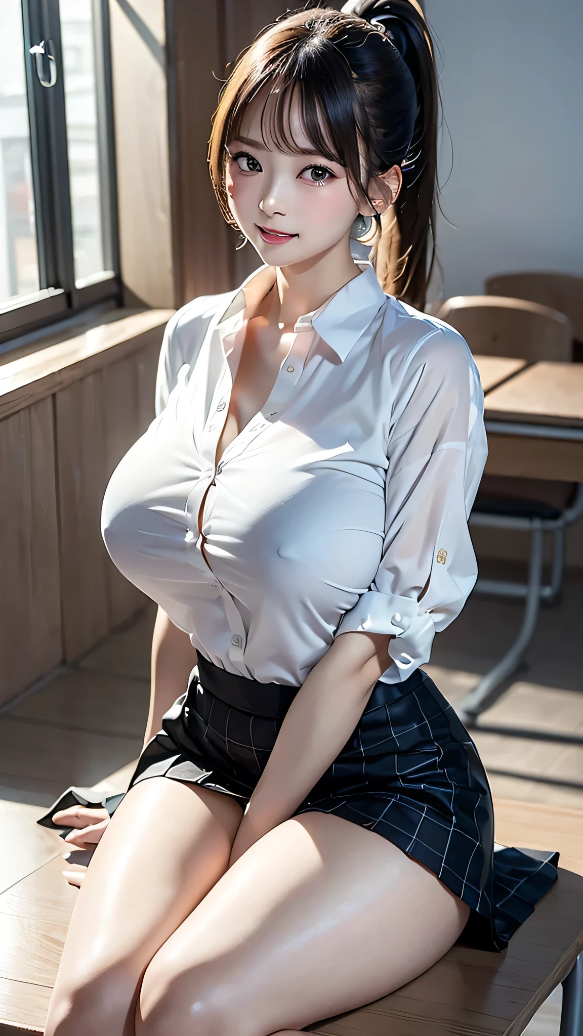 (classroom), (Beautiful and vibrant background), (Huge breasts:1.3), (Showing cleavage), (Unbutton your shirt:1.5), (White short-sleeved collared shirt:1.3), (Checkered Pleated Skirt:1.1), (Beautiful black eyes down to the last detail), (Sit at a desk), (Attractive thighs:1.3), (Full Body Shot:1.4), Big eyes, (Heart shaped eyes), (1 person), (Beautiful Face), Perfect Face, (High nose), Laugh a little, Embarrassing, Highest quality, High resolution, (Beautiful and mature), (original), (masterpiece), (Very nice and beautiful), (Perfect detail), (Unity CG 8K Wallpaper), (Portraiture:1.2), (ponytail),