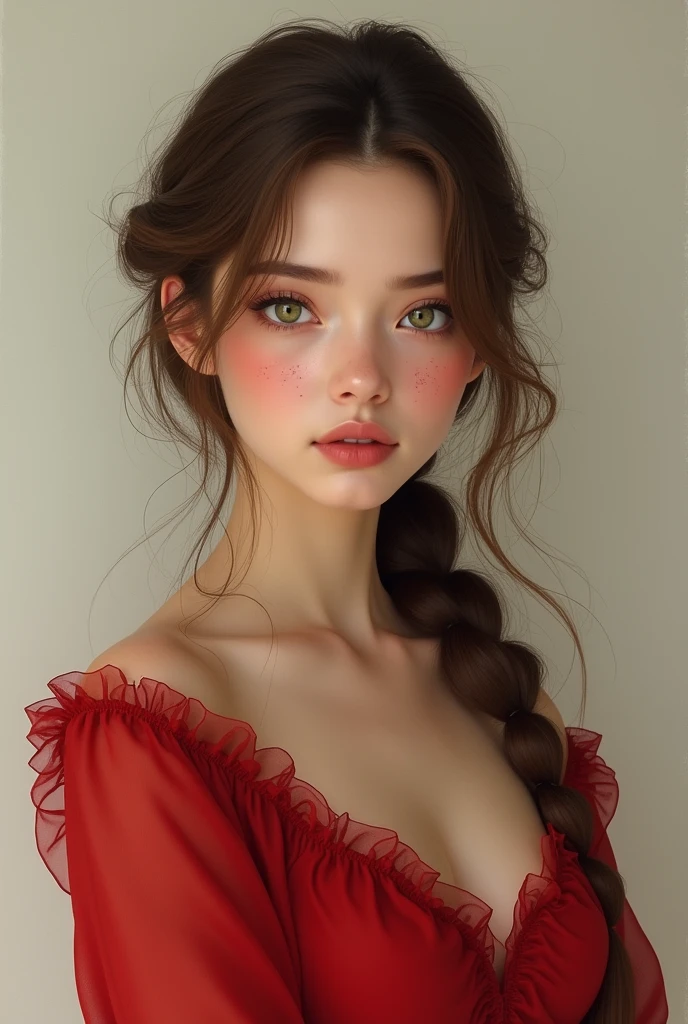 I want a girl with brown hair and green eyes she is kind of sweet and hot she has a long red dress and she had a plait in her hair and she have two speckled under her eyes