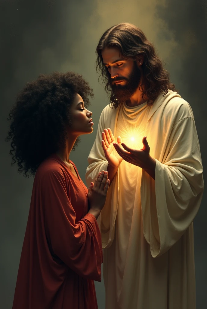 A dark-skinned woman with curly hair praying and a Jesus-like figure with a hole in the middle of his palm.