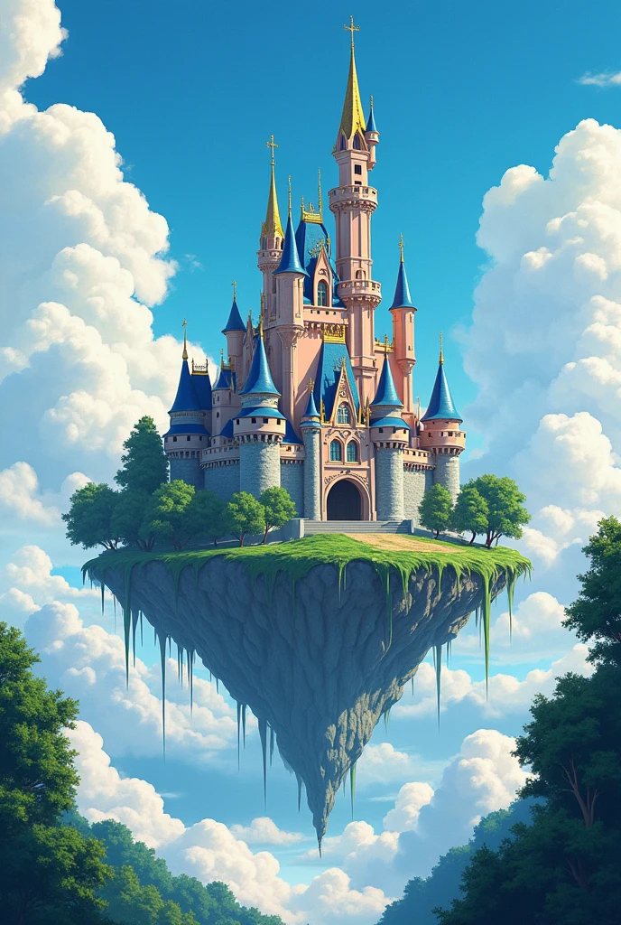 The feel of a comic，Disney vibes，There is a huge and magnificent castle in the sky.，There are a lot of clouds around, Feiyun Castle, A huge floating castle, Dream Castle, high Dream Castle, Flying Castle, Magic Castle, Castle floating in the air, Sky Castle Style, An epic castle with towering spires，The castle has a romantic feel，There is grass outside the city gate，There are trees on the castle