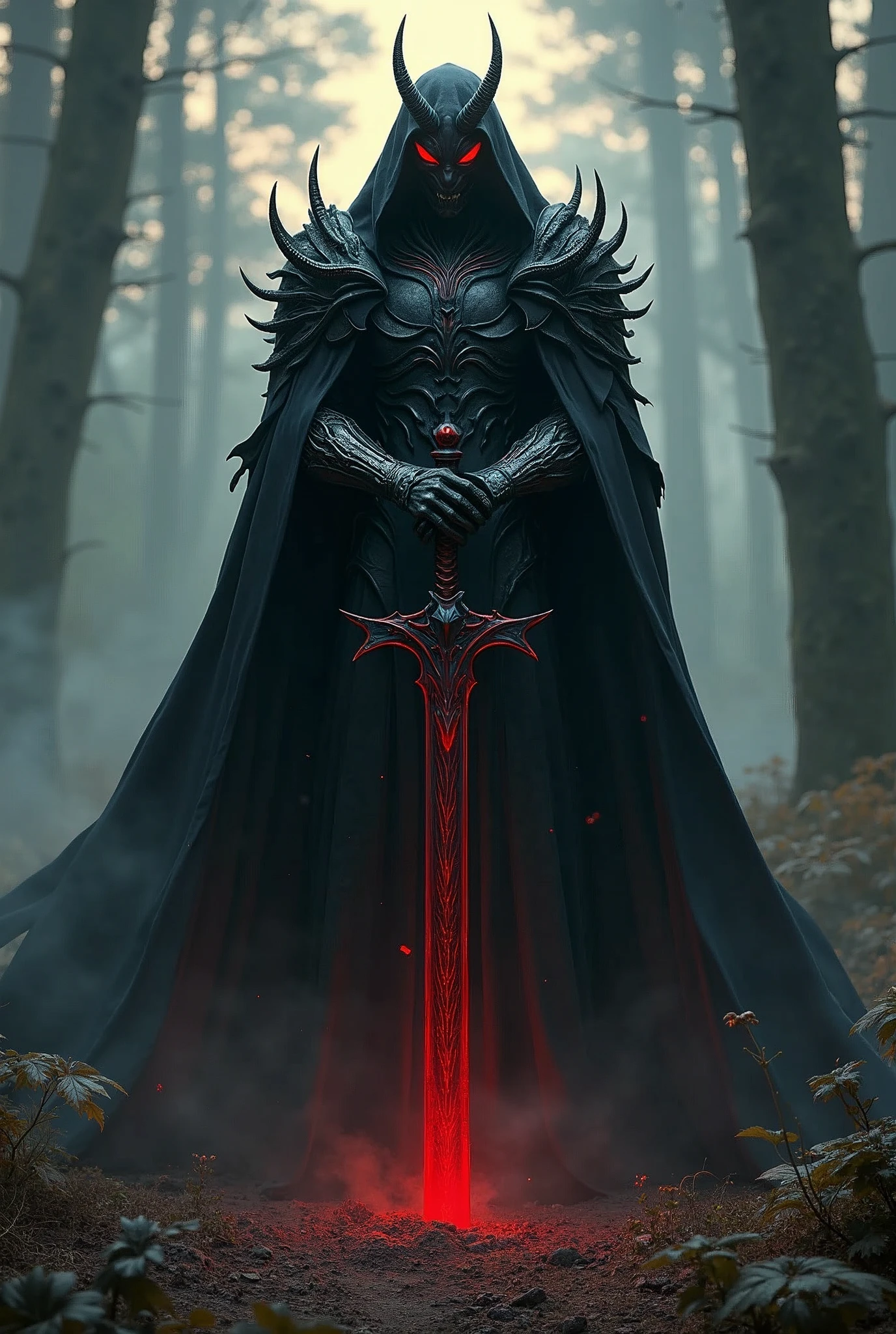 Black demon in black armor,Stab the two-handed sword into the ground,Hold the hilt of the sword with both hands(long nails),Black Cape,Otherworldly Armor,reds color line,Night Forest,sunset lights and fog,Cloak fluttering in the wind,(Wear a black robe over your armor)