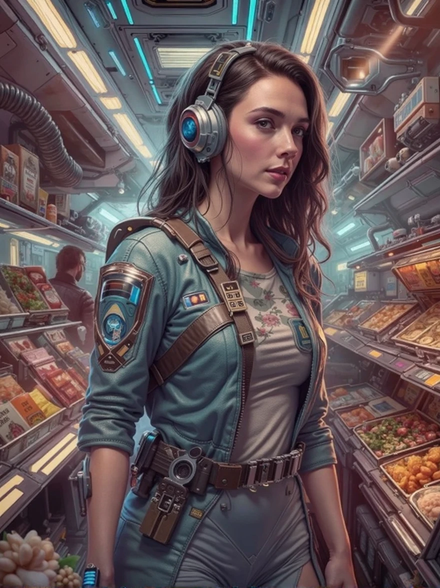 cinematic portrait of [Kaya Scodelario:Gal Gadot:0.5] donning a futuristic cyberpunk space suite walks in Intergalactic Spaceship sidewalk with handful of rationed groceries in Spaceship, wears cyberpunk space suite, Futuristic Cyberpunk Spaceship, Cyberpunk Spaceship Alley, sensuous smirk, intricate, frugal, highly detailed, intricate, digital painting, artstation, concept art, smooth, sharp focus, hyper photorealistic illustration, art by Don Lawrence and Frank Bellamy and alphonse mucha, 32k,