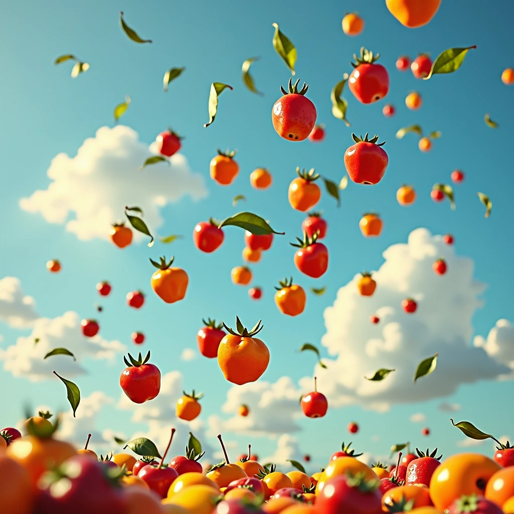 Lot of fruits falling from the sky