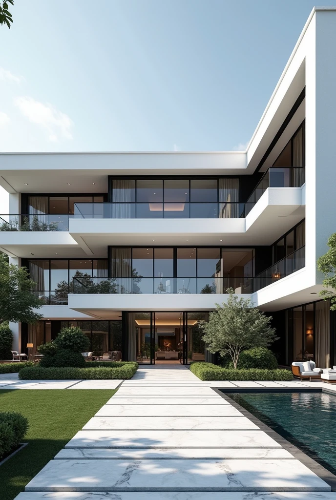 Make a house that look like a 5 star hotel, modern style mix with Europe style, color white and a little bit black .(Big house, 10 rooms+, the house must have lobby)