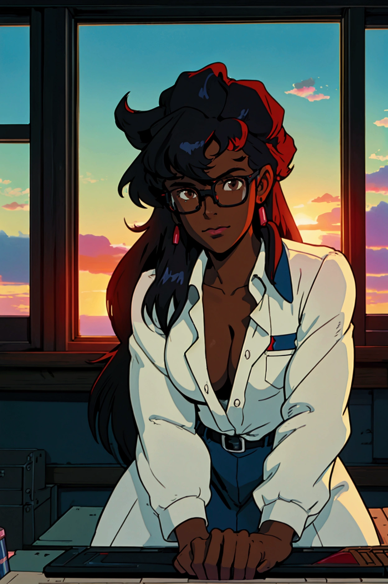 cowboy bebop, black female character, dark skinned, black girl, 20, long hair, brown eyes, blue light, wearing Ralph lauren, typing at a computer, red glasses, programmer, gamer, panoramic window view of miami, sunset, luxury decor