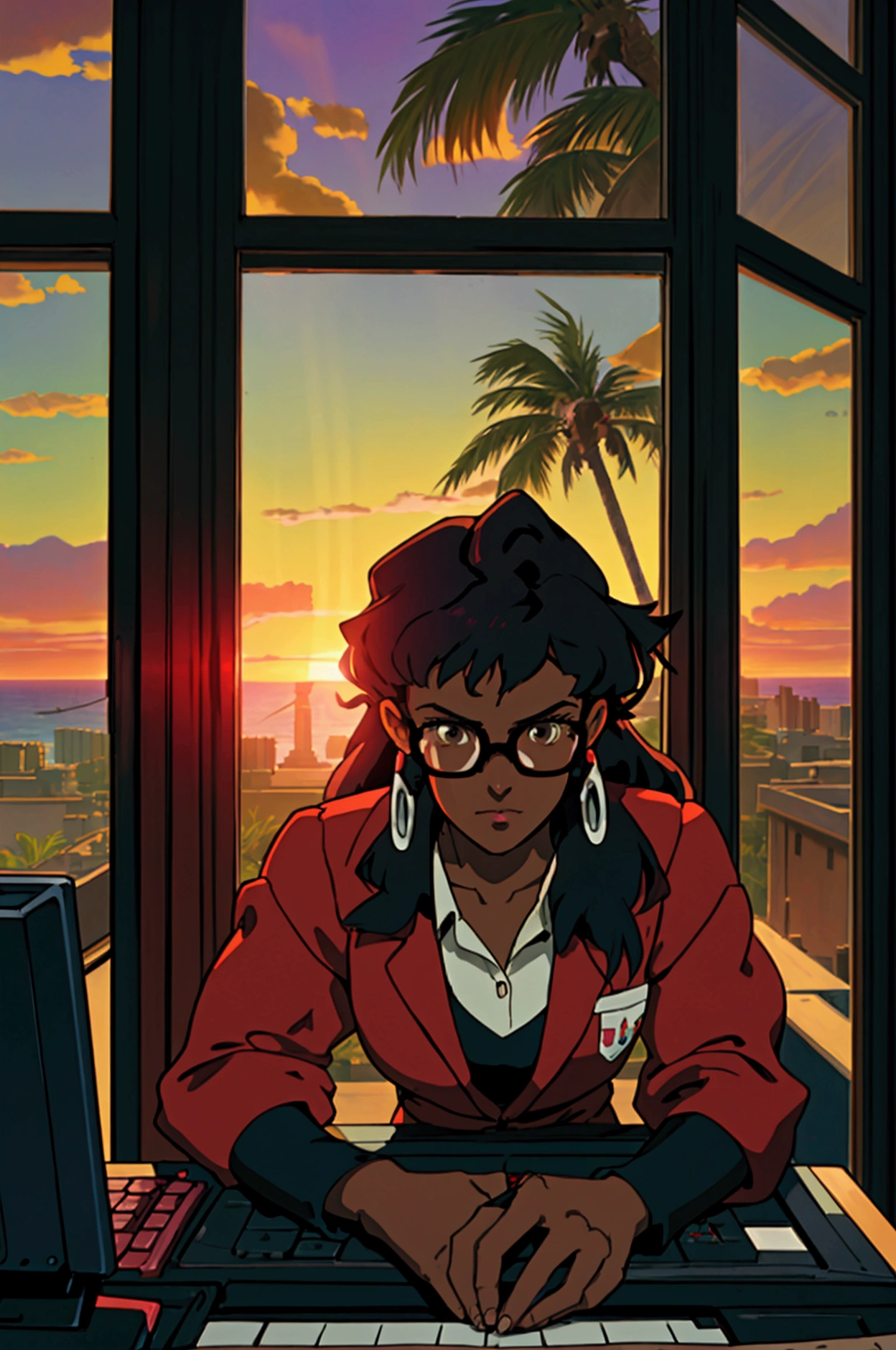 cowboy bebop, black female character, dark skinned, black girl, 20, long hair, brown eyes, blue light, wearing Ralph lauren, typing at a computer, red glasses, programmer, gamer, panoramic window view of miami, sunset, luxury decor