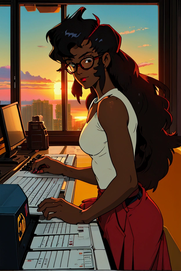cowboy bebop, black female character, dark skinned, black girl, 20, long hair, brown eyes, blue light, wearing Ralph lauren, typing at a computer, red glasses, programmer, gamer, panoramic window view of miami, sunset, luxury decor