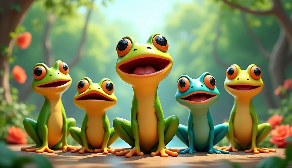 5 cartoon frogs cracking melodiously