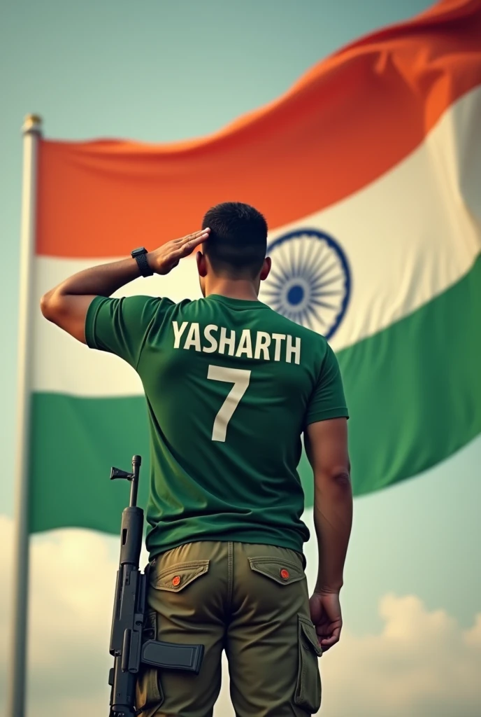 A huge tricolor flag of India is waving, in front of it an 18 year old army soldier is standing facing the flag and saluting , he has an AK-47 in his hand and he has huge biceps and the boy wore a green T-shirt Has happened, on which 'Yasharth' is written and 7 is written below 'Yasharth'. Wearing army cargo pants and his backside is visible and Remember that flag is completely and clearly visual