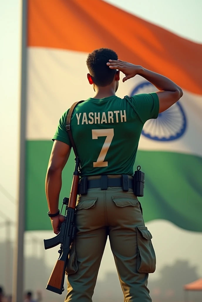 A huge tricolor flag of India is waving, in front of it an 18 year old army soldier is standing facing the flag and saluting , he has an AK-47 in his hand and he has huge biceps and the boy wore a green T-shirt Has happened, on which 'Yasharth' is written and 7 is written below 'Yasharth'. Wearing army cargo pants and his backside is visible and Remember that flag is completely and clearly visual