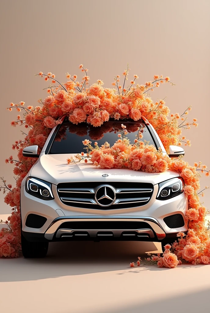 A wedding mercedes GLC300 car covers by orange and nude color flowers vine from top of the car all the way to the car hood and back
