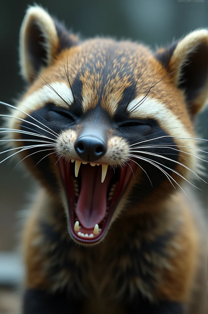 realistic photo of half broken mask, masked funny cute  baby wolverine close up silly laughing a lot until crying closed eyes, war background,  long fang