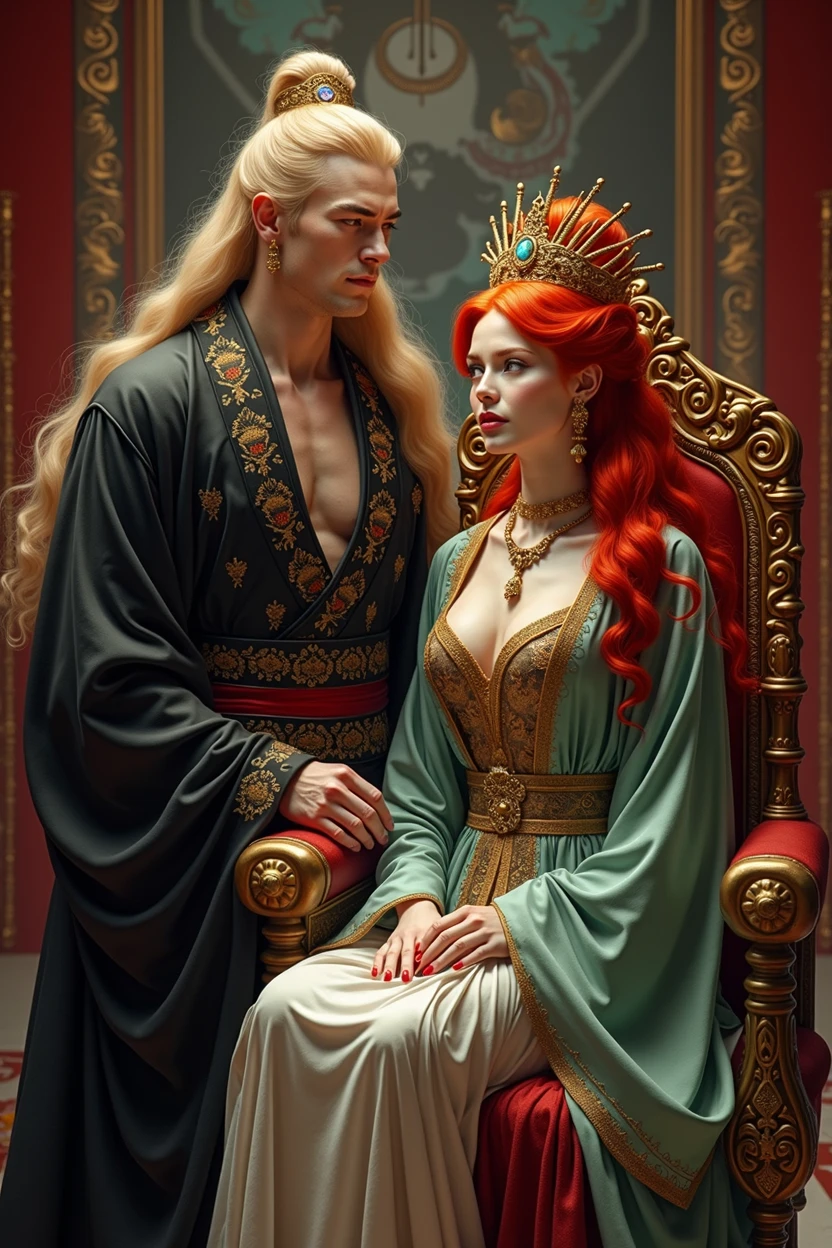a man with long golden hair wearing a black traditional costume.,Next to her is a woman with long red hair, sitting on an emperor's throne,dressed as a monarch