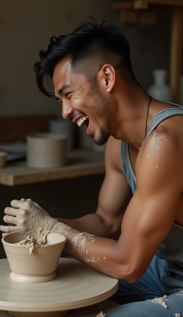 photorealistic, best quality, masterpiece, extremely detailed, side view, extremely handsome, 25 year old bruneian malay man, no facial hair, athletic build, laughing, looking directly at camera, messy clay on hands and face, warped and ruined clay bowl on pottery wheel, in personal art studio, extremely romantic atmosphere, perfect face, perfect fingers, perfect hands, perfection