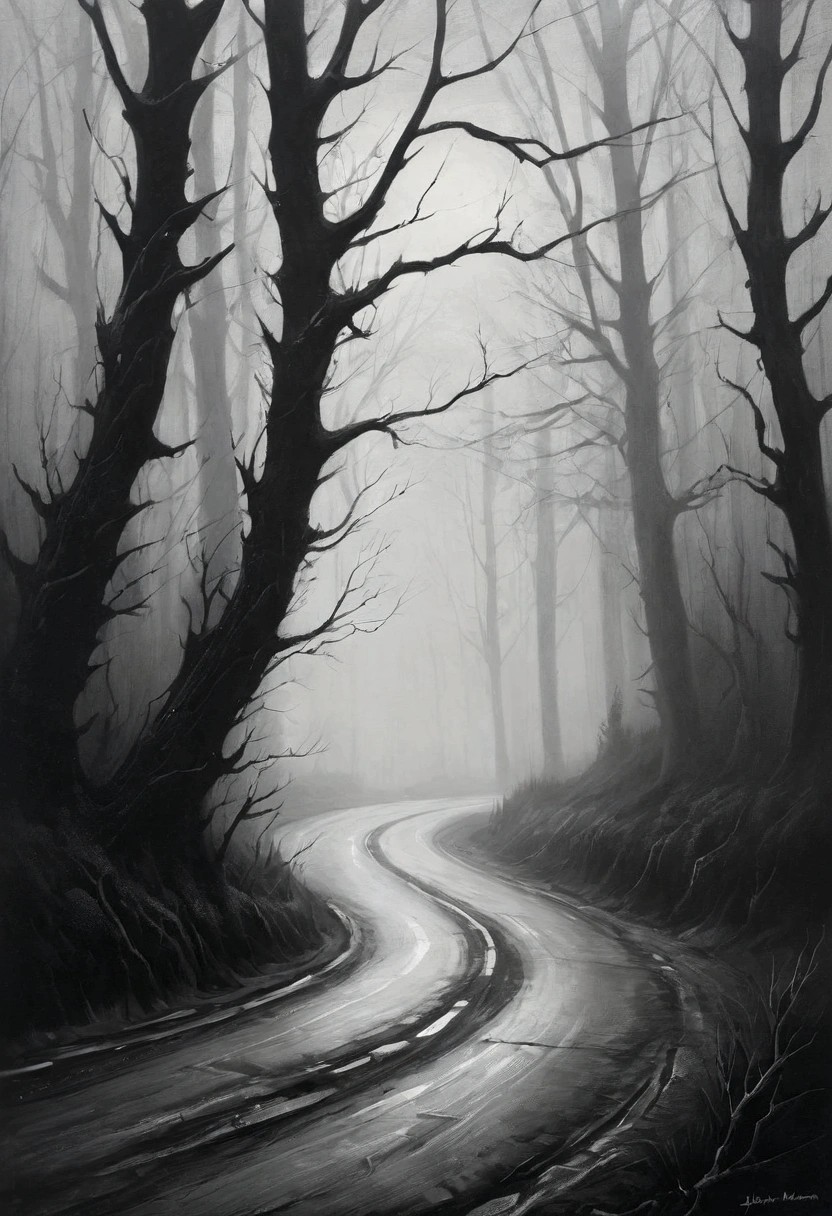 a mysterious foggy landscape, (oil painting), Black and White, roads in the north, poor visibility, (Inspiration comes from：john kenn mortensen),dramatic lighting,cinematic,moody atmosphere,muted color palette,atmospheric,hazy,overcast sky,winding roads,windblown trees,desolate,eerie,mysterious,haunting