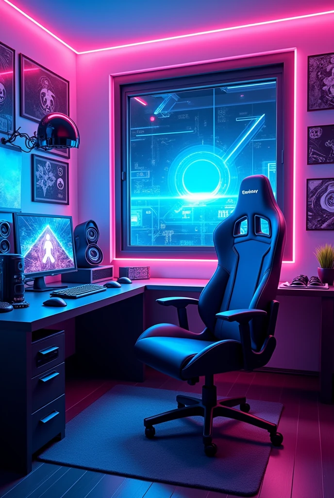 a vibrant cyberpunk gaming bedroom, a gaming chair and a PC on gaming table on the left, adorned with captivating blue-purple neon lights , bring a futuristic atmosphere to life