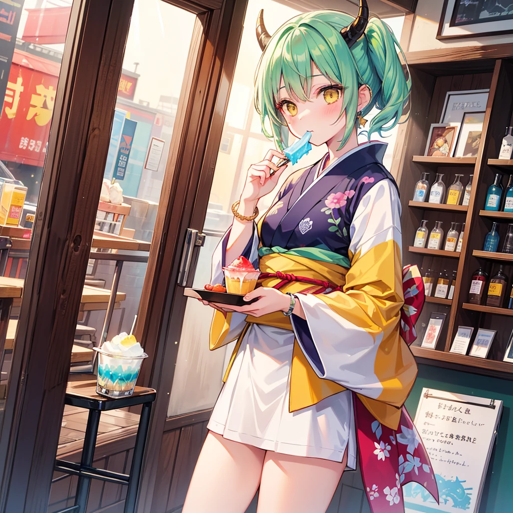 (8k, RAW photo, best quality, masterpiece, highres, absurdres, ultra detailed:1.3), (Photography, realistic, photo-realistic:1.4), (beautiful natural lighting, beautiful deatailed shadow, beautiful detailed glow :1.4), atmospheric, 

BREAK (1 beautiful girl: 1.45), (9 year old girl), alone, (cute: 1.5), (chibi: 0.6), (kawaii: 1.5), (Loli: 0.95), BREAK (Dragon Horn: 1.15), (ponytails, pale green hair, short hair: 1.35), (yellow eyes, double, slanted eyes: 1.45), double teeth, ((D cup breasts)), sight, (long eyelids, thin eyelids: 1.2), alone, glowing skin, beautiful skin, (dragon's horn, HIGHEST QUALITY FACE:1.35), (staring greedily,🤤,blush:1.45),         BREAK

//Character
1girl,
BREAK

//Character
 1-girl
 Blake
 //Fashion 
 Modern Kimono Inspired by Fireworks
 This modern twist on the traditional kimono features a longer, above-the-knee length and a fitted waist. The light, flowing fabric of deep navy blue is decorated with an intricate multicolored fireworks pattern that sparkles with metallic threads, 
 BREAK
 Strappy red sandals and delicate gold hairpins with small firework motifs, accessorized with simple gold earrings and matching bracelets,
 BREAK

(A girl carries a large tray of shaved ice, a coffee shop at sea, beach background:1.2),(slender,  long sleeves:1.2), (Cafe customers, eating shaved ice, gorgeous table, huge shaved ice and huge sized iced coffee on the table:1.35), (left index finger in mouth,leaning forward:1.25),,

 BREAK wakame,wakame,wakame,(cowboy shot,from front:1.4) BREAK manga illustration.media,manga style,(ultra rich intricately proper sketch+pastel+airbrush+colored pencil:1.1),(ultra highres composition details:1.2), (delicate illustration), (pastelcolor style illustration:0.9), (watercolor style illustration:0.4), 