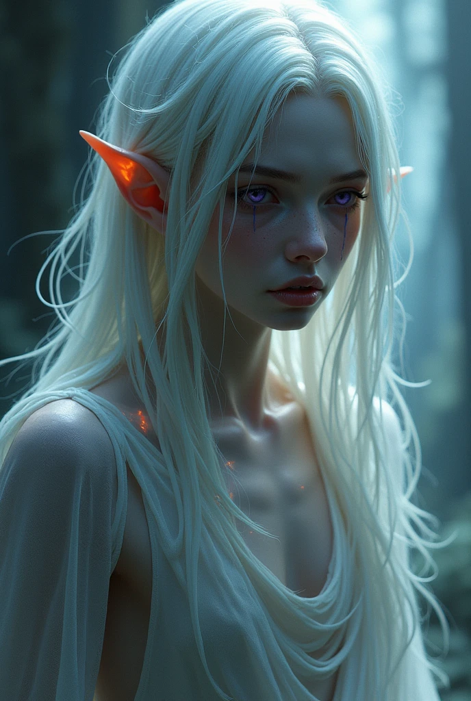 Skinny male with waist long white hair, fair skin like elf and dark vioelet eyes with fire up his arm and tears down his face
