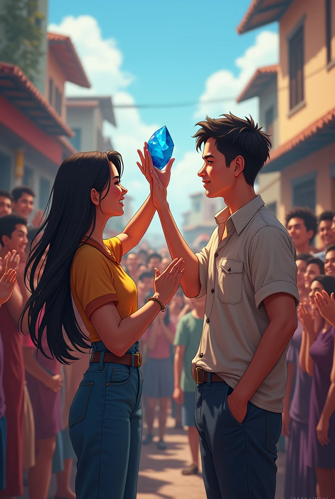 a beautiful young woman and a charming young man holding the "batong makapangyarihan" (it's a small blue stone) they are smiling at the people around them—congratulating them for their victory (they have saved there town from the viscous ekek) (they came out of a gubat) the town should be full of people not really full but u get it it's a celebration after all 
